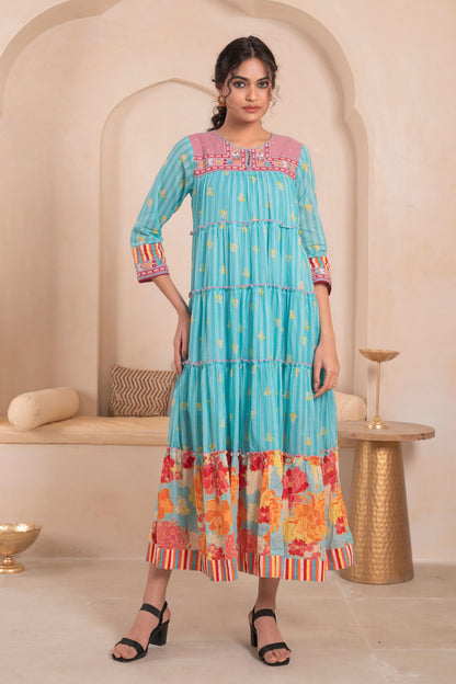Women’s Cotton Blue Floral Embroidered Fit and Flare Dress – Elegant Casual and Party Wear Outfit
