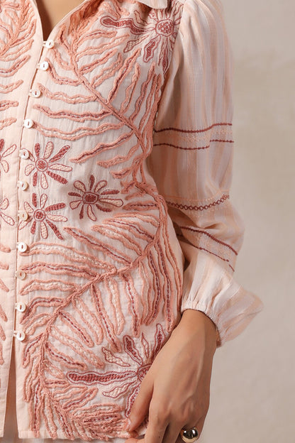 Embroidered Striped Lounge Set in Soft Peach Co-orde set