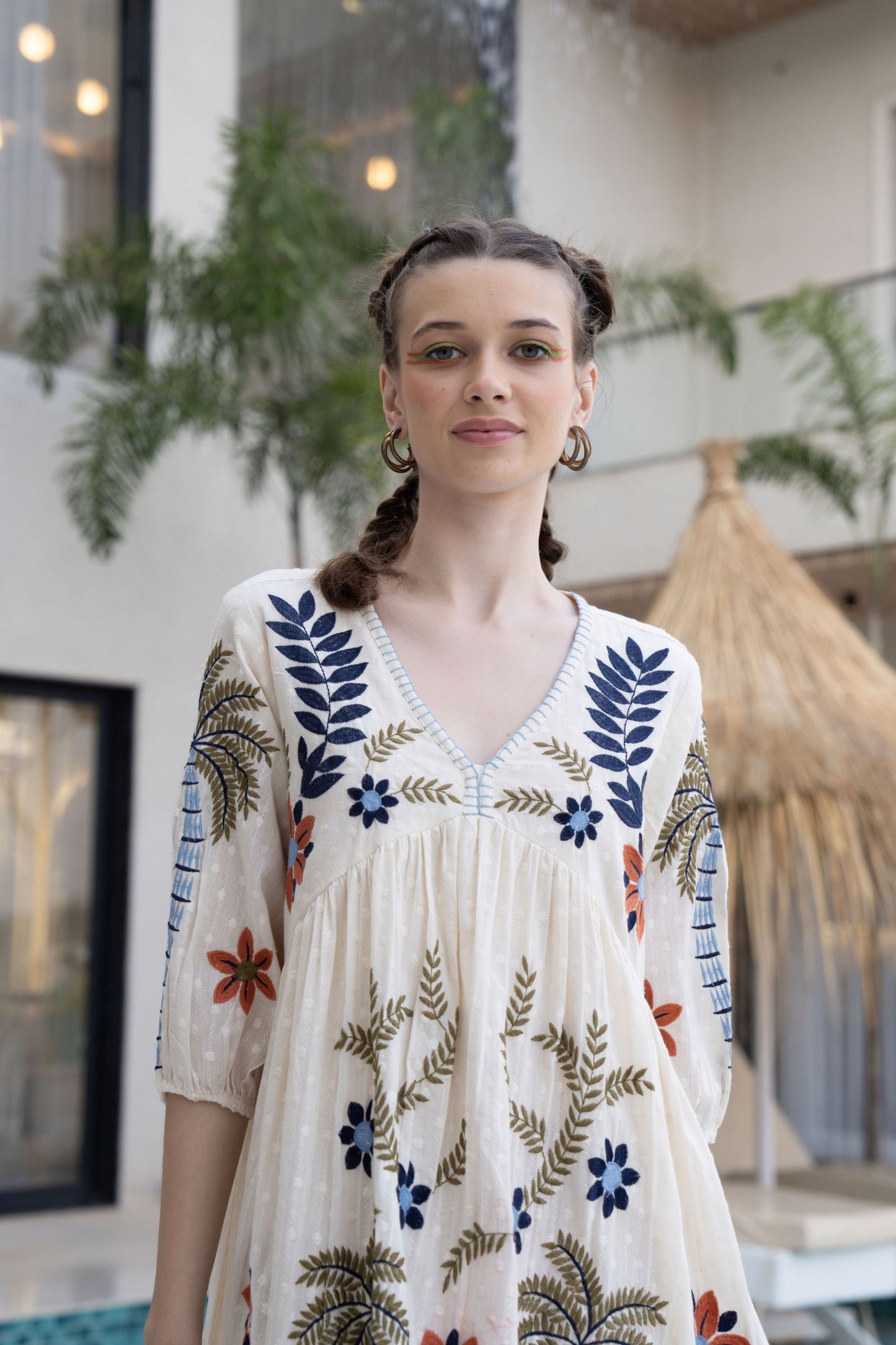 Women's White Boho Embroidered Short Dress | V-Neck Flared Tunic