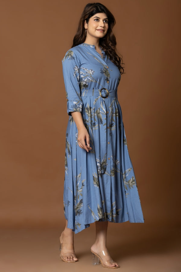Navy Blue Floral Fit & Flare Midi Dress with Belt