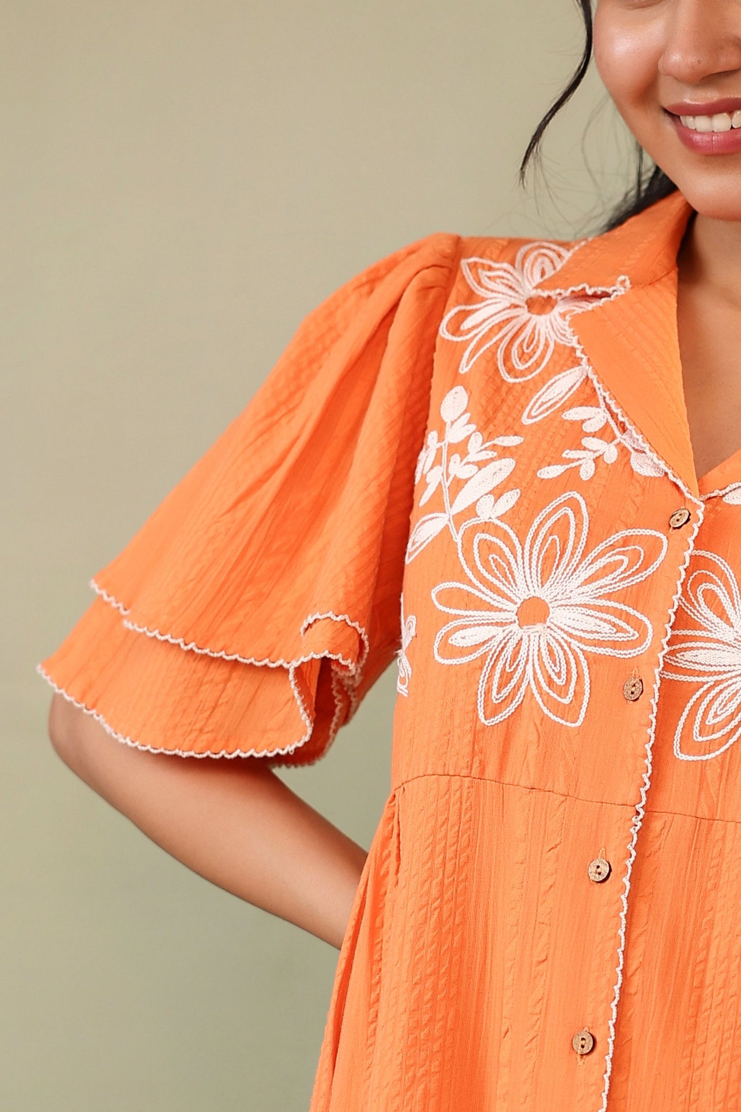 Floral Embroidered Orange Midi Dress