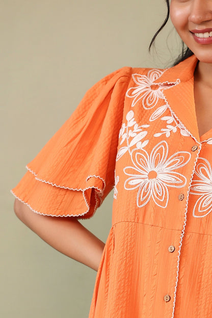 Floral Embroidered Orange Midi Dress
