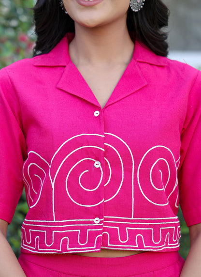 Women’s Pure Cotton Pink Embroidered Co-Ord Set with Button-Down Top & Elastic Waist Pants 🌸✨
