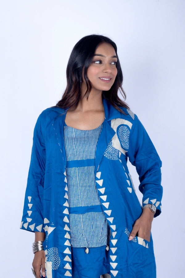 💙 Blue Layered Lining Top with Kodi Work & Stylish Off-White Cargo Bottom | Indo-Fusion Co-Ord Set 💙