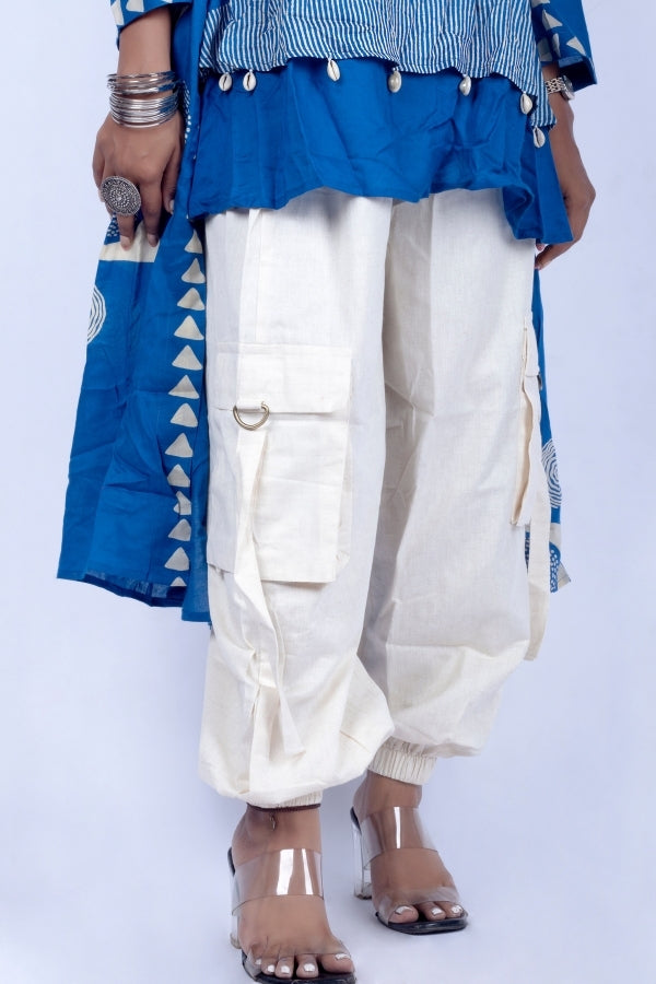 💙 Blue Layered Lining Top with Kodi Work & Stylish Off-White Cargo Bottom | Indo-Fusion Co-Ord Set 💙