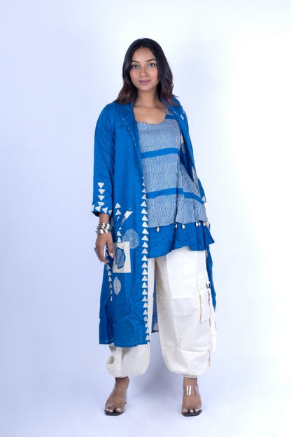 💙 Blue Layered Lining Top with Kodi Work & Stylish Off-White Cargo Bottom | Indo-Fusion Co-Ord Set 💙