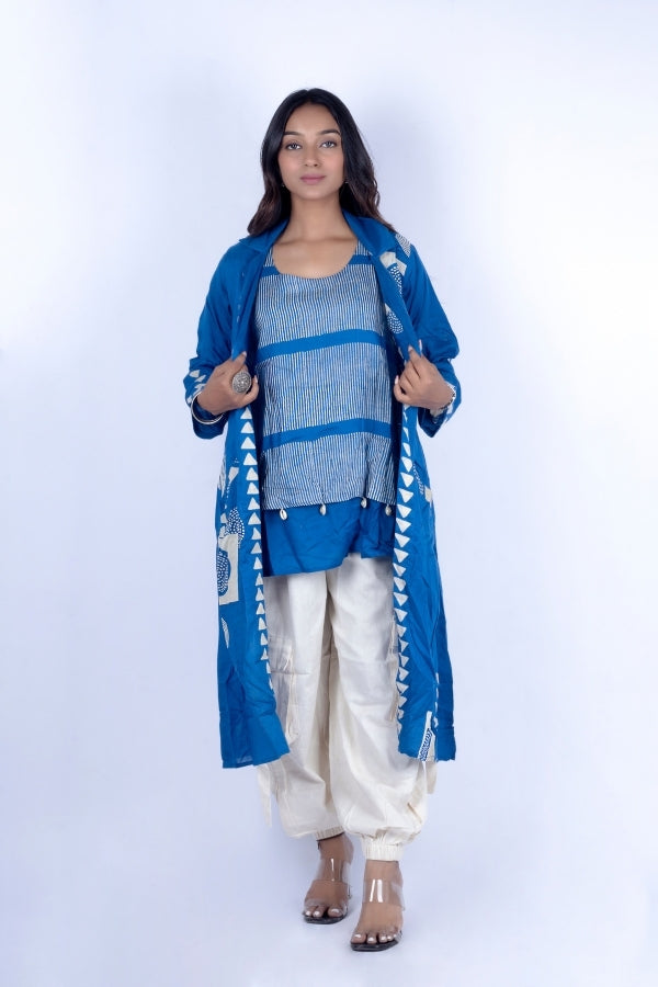 💙 Blue Layered Lining Top with Kodi Work & Stylish Off-White Cargo Bottom | Indo-Fusion Co-Ord Set 💙