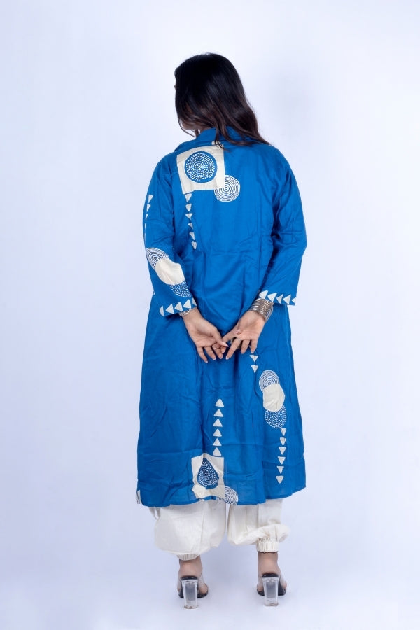 💙 Blue Layered Lining Top with Kodi Work & Stylish Off-White Cargo Bottom | Indo-Fusion Co-Ord Set 💙