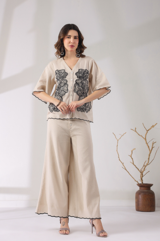 🖤 Elegant Aura Co-Ord Set | Beige & Black Embroidered Two-Piece for Women ✨👗