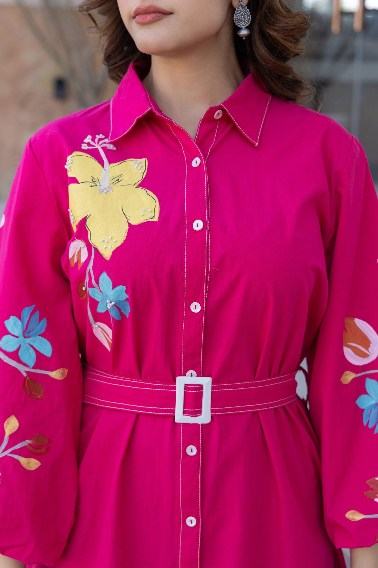 Women’s Pink Floral Cotton Western Midi Dress – Casual & Party Wear Outfit