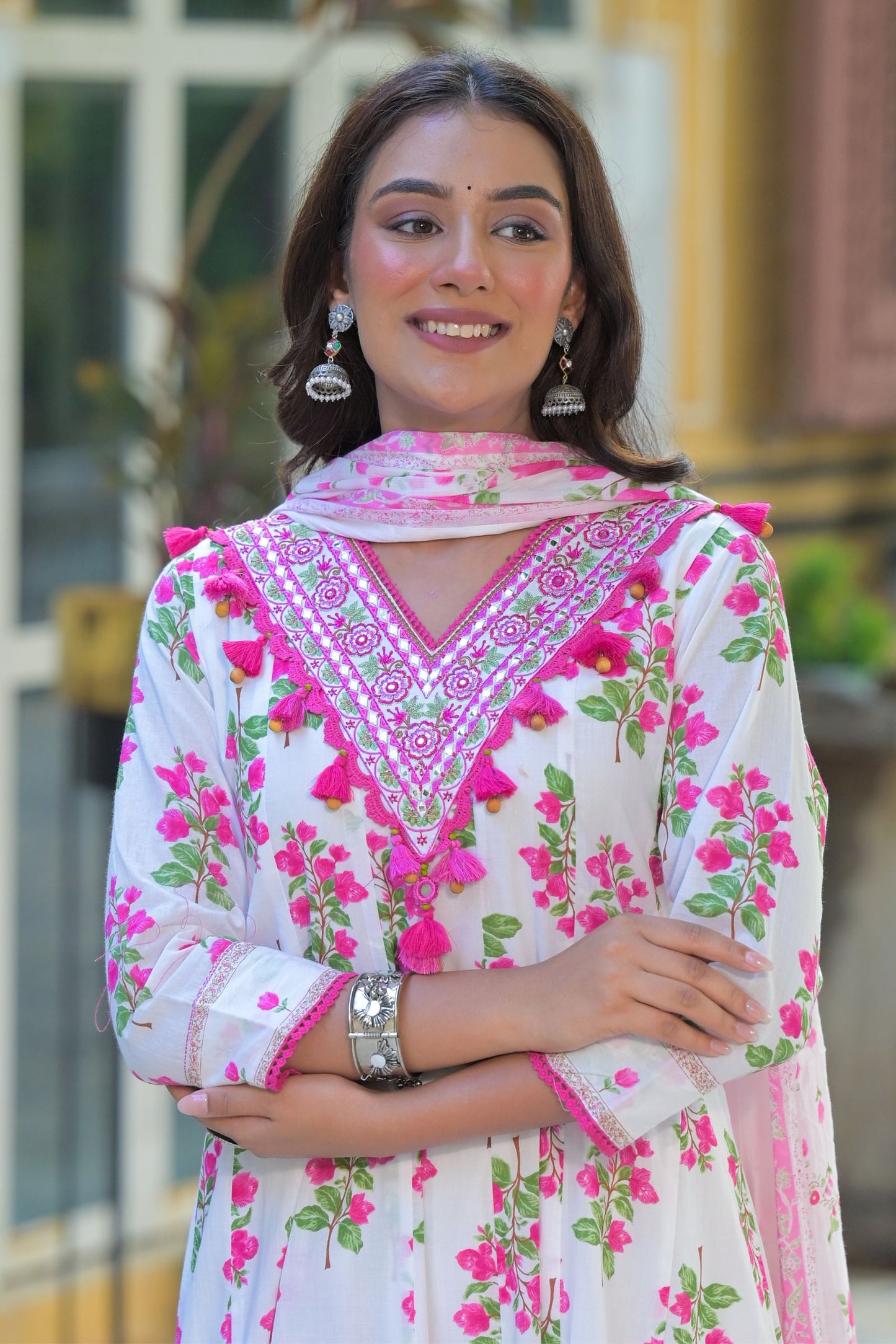 Women’s Ethnic Wear White Floral Pure Cotton Anarkali Kurta Pant Set with Dupatta