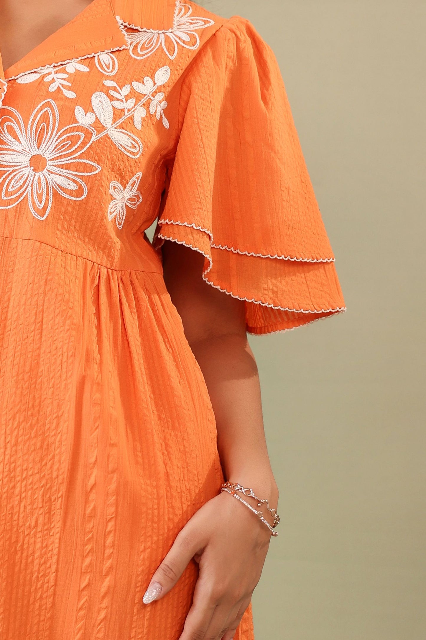 Floral Embroidered Orange Midi Dress