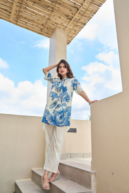 White & Blue Floral Printed Kurta Set with Straight Pants | Elegant Summer Wear