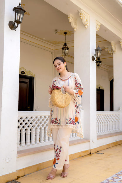 🧵 Elegant Ivory Floral Embroidered 2-Piece Set