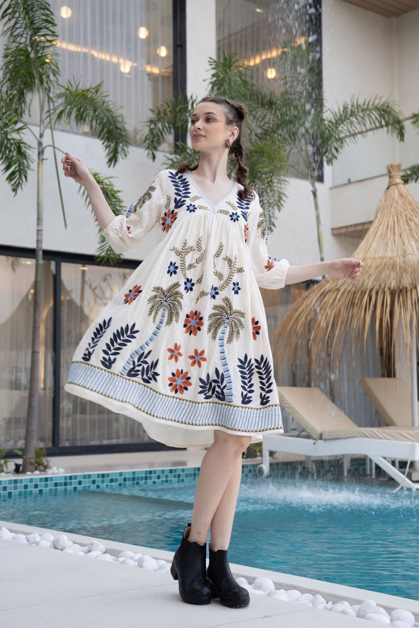 Women's White Boho Embroidered Short Dress | V-Neck Flared Tunic