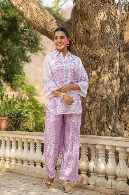 Lavender & White Ethnic Print Co-Ord Set for Women Stylish Printed Top & Pant Set