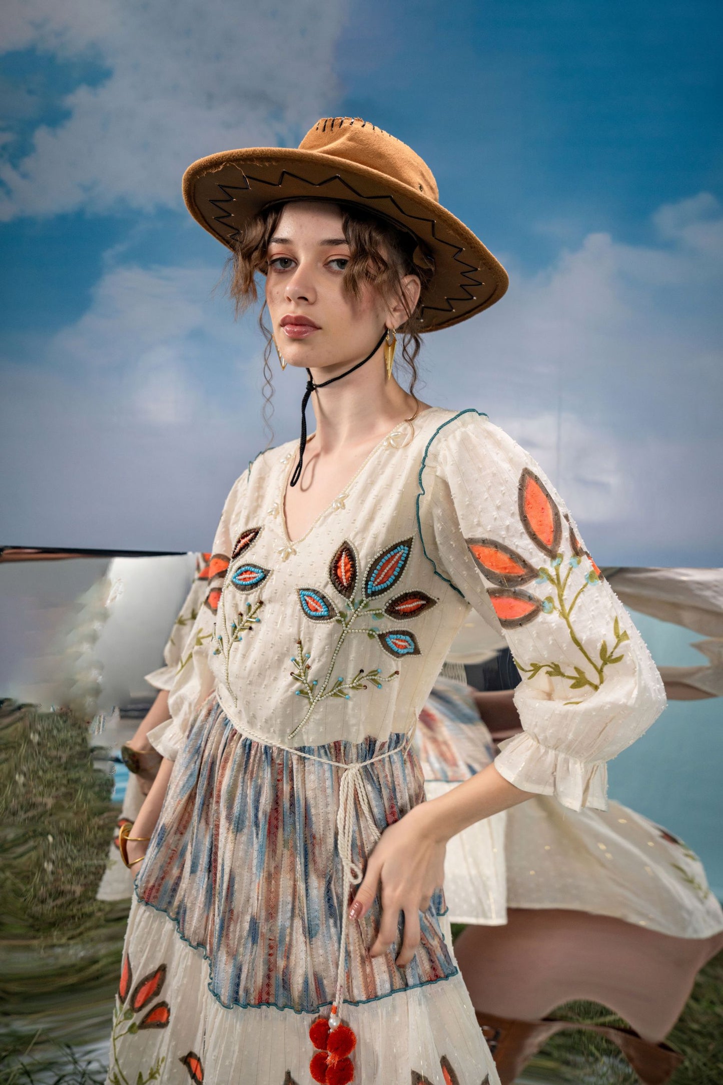 Women's Bohemian Cream Embroidered Flared Dress | V-Neck A-Line Tunic