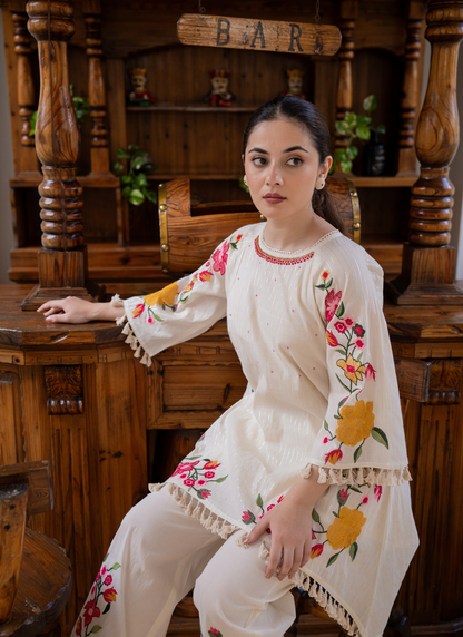White Handcrafted Floral Embroidered Co-Ord Set |  Ivory Blossom🌸