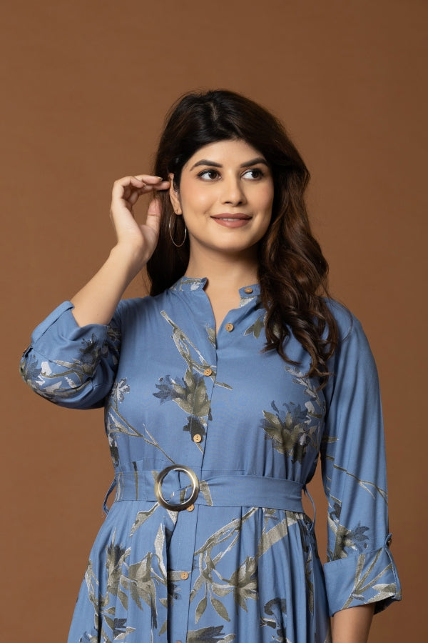 Navy Blue Floral Fit & Flare Midi Dress with Belt