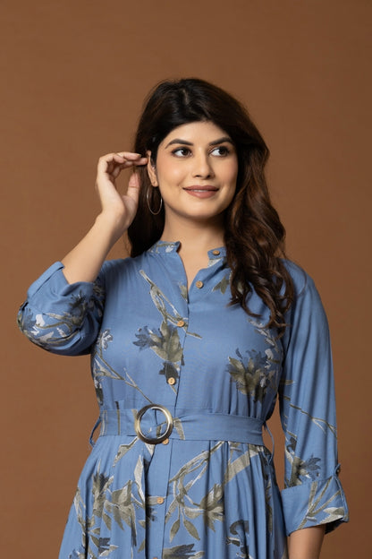 Navy Blue Floral Fit & Flare Midi Dress with Belt