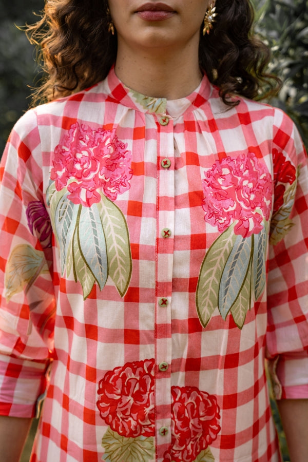 Red Checkered Floral Print A-Line Kurti with Beige Pants Set