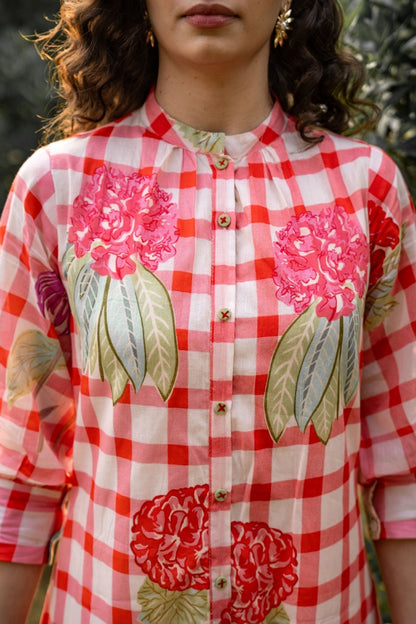 Red Checkered Floral Print A-Line Kurti with Beige Pants Set