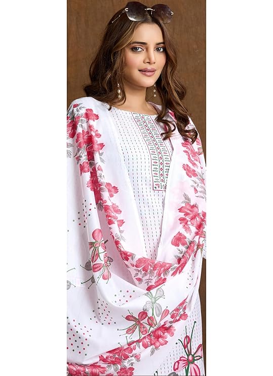 Noor Jahan White Peach Unstitched Salwar Suit Material