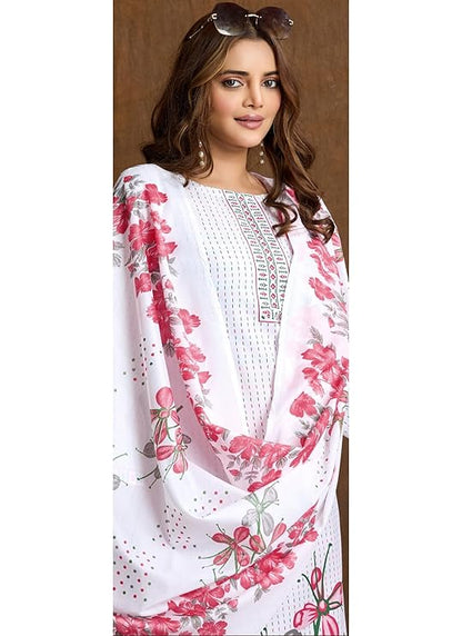 Noor Jahan White Peach Unstitched Salwar Suit Material