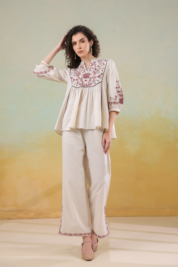 🌿 Gulnaar Grace Co-Ord Set | Beige & Maroon Embroidered Two-Piece for Women ✨👗