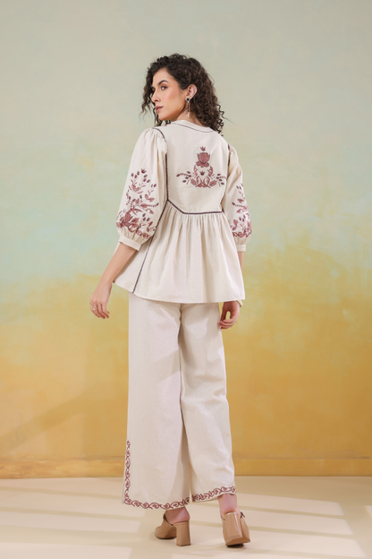 🌿 Gulnaar Grace Co-Ord Set | Beige & Maroon Embroidered Two-Piece for Women ✨👗