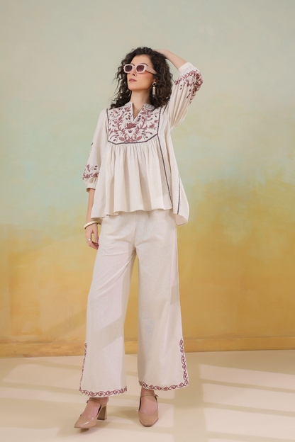 🌿 Gulnaar Grace Co-Ord Set | Beige & Maroon Embroidered Two-Piece for Women ✨👗