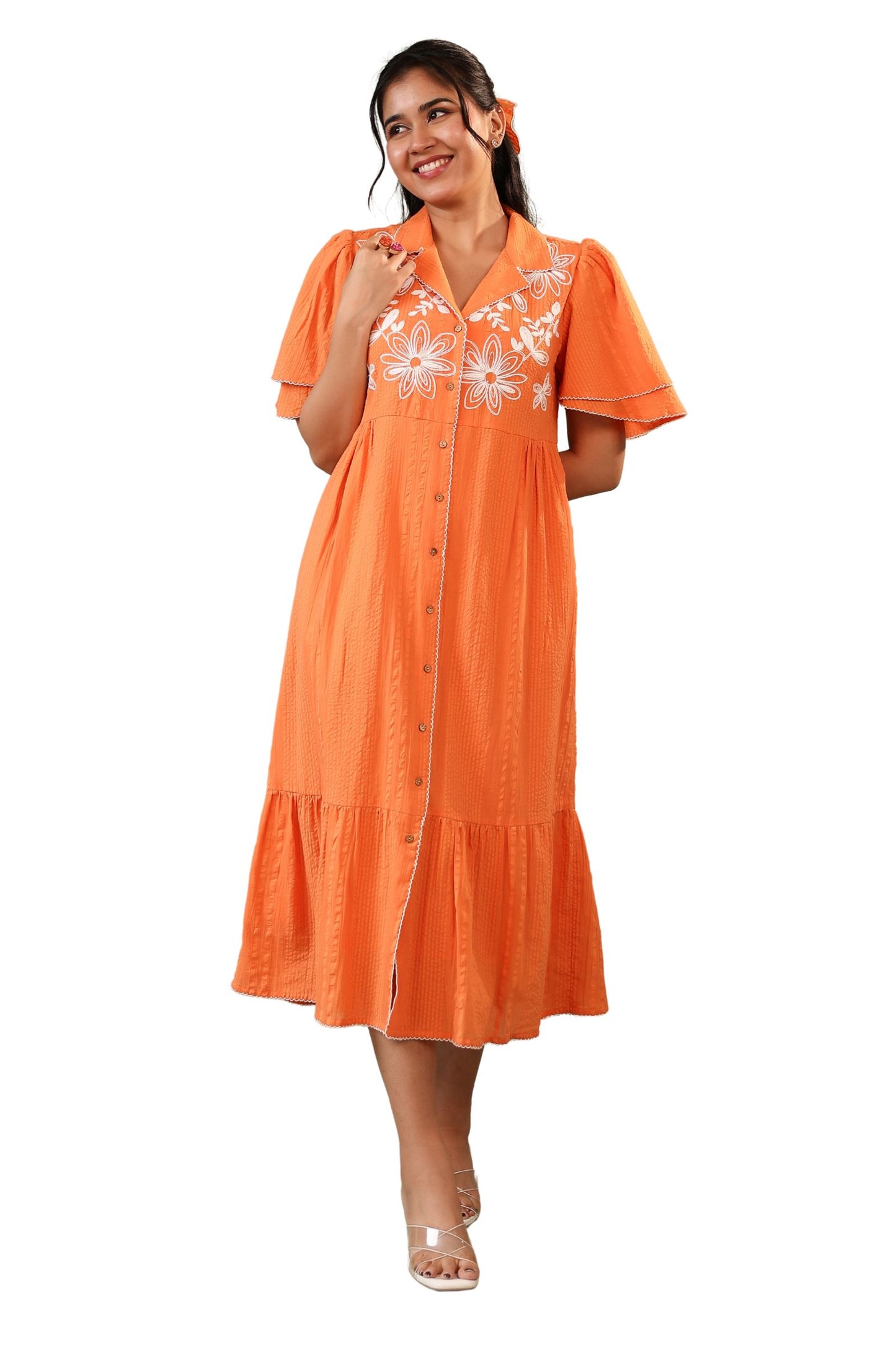 Floral Embroidered Orange Midi Dress