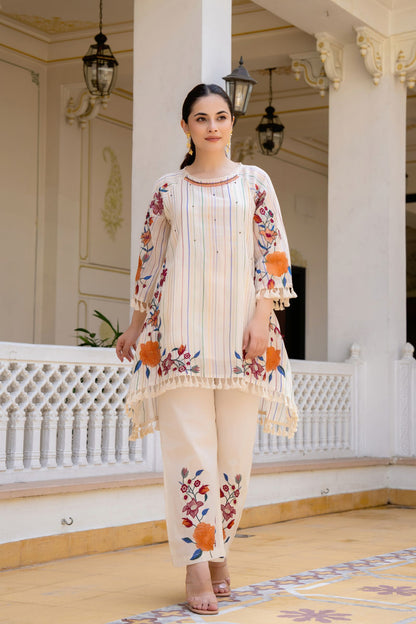 🧵 Elegant Ivory Floral Embroidered 2-Piece Set