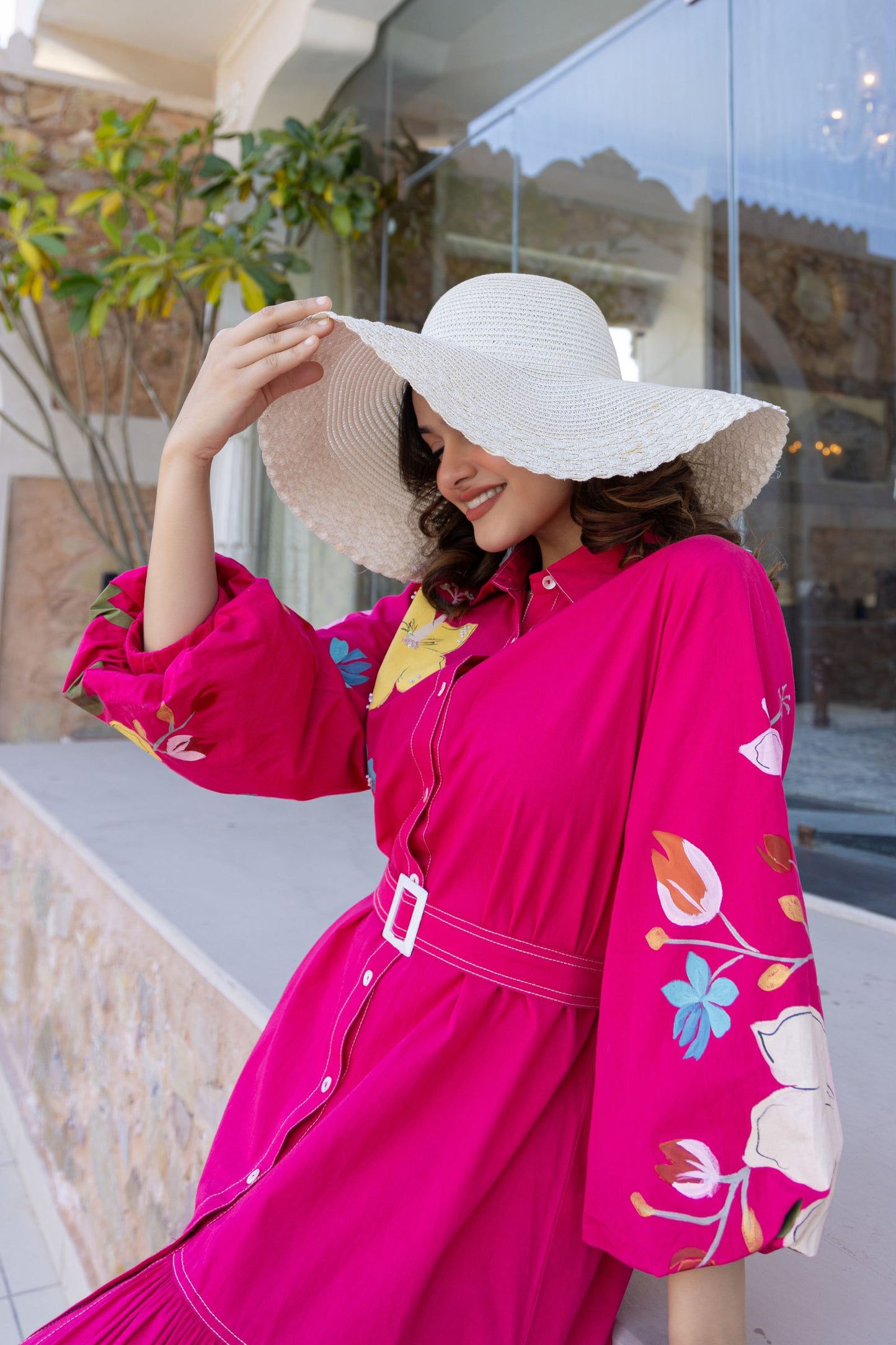 Women’s Pink Floral Cotton Western Midi Dress – Casual & Party Wear Outfit