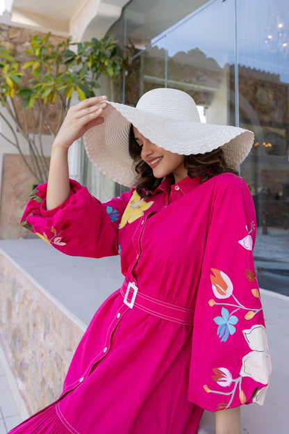 Women’s Pink Floral Cotton Western Midi Dress – Casual & Party Wear Outfit