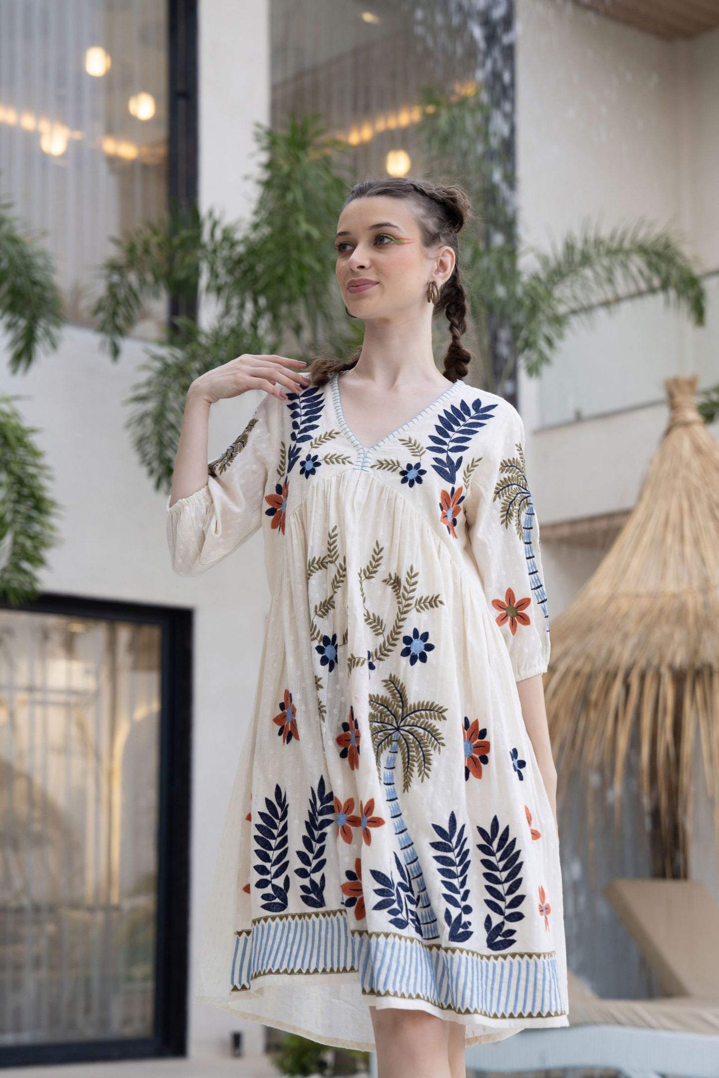 Women's White Boho Embroidered Short Dress | V-Neck Flared Tunic