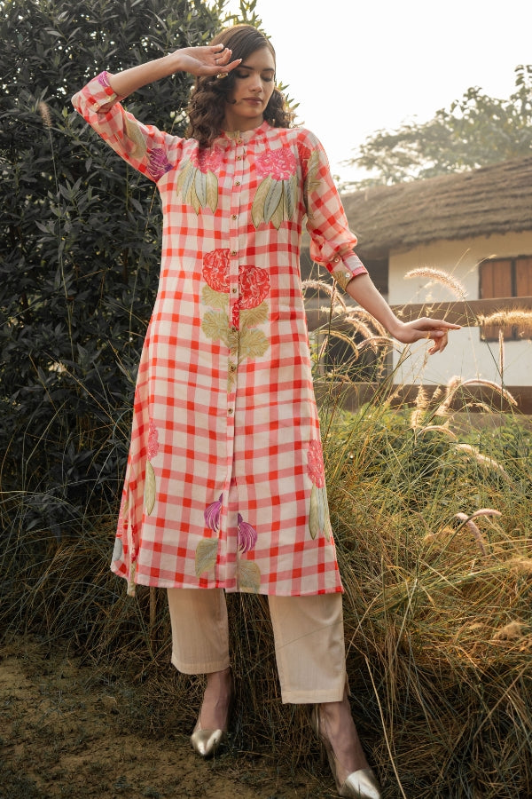 Red Checkered Floral Print A-Line Kurti with Beige Pants Set