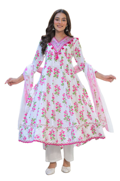 Women’s Ethnic Wear White Floral Pure Cotton Anarkali Kurta Pant Set with Dupatta