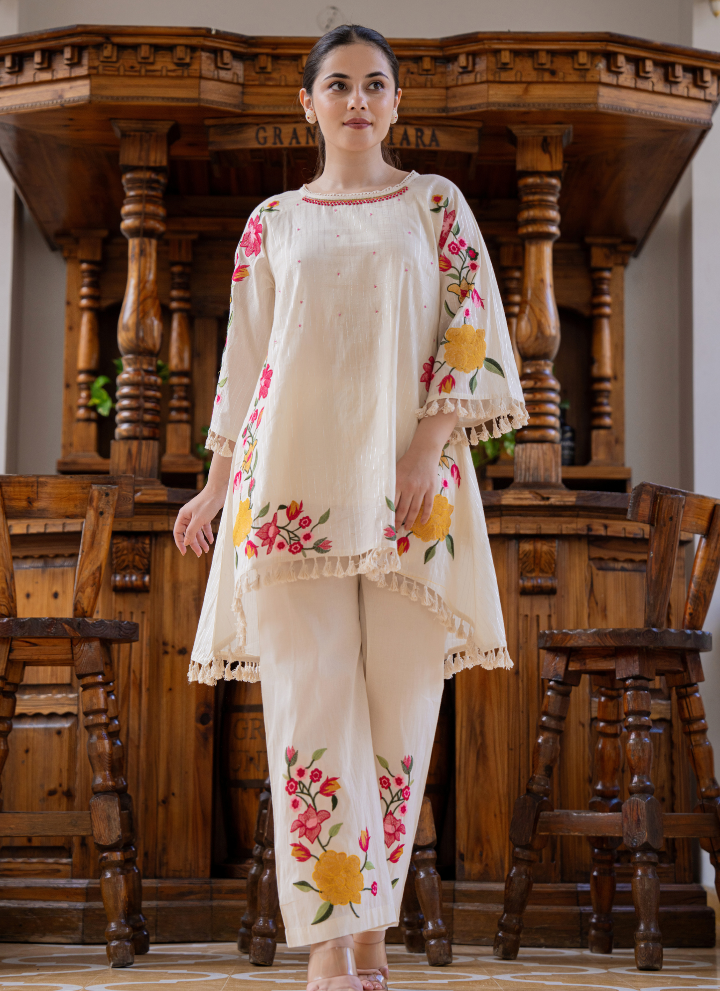 White Handcrafted Floral Embroidered Co-Ord Set |  Ivory Blossom🌸