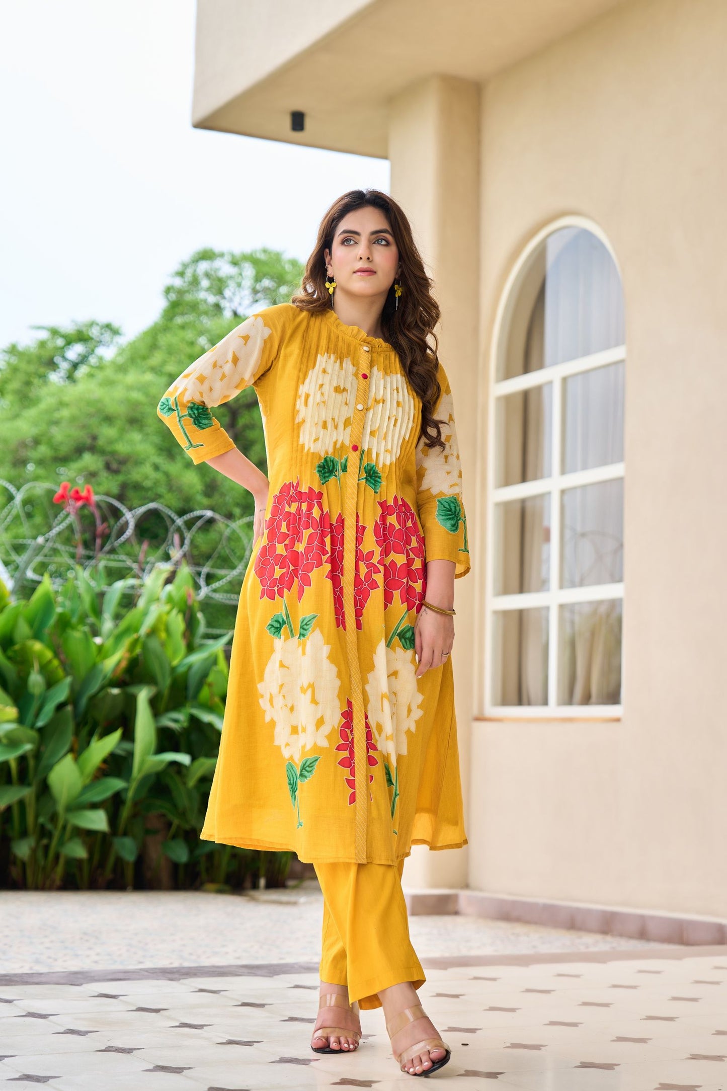 Mustard Yellow Floral Embroidered Kurta Set with Straight Pants | Festive & Casual Wear
