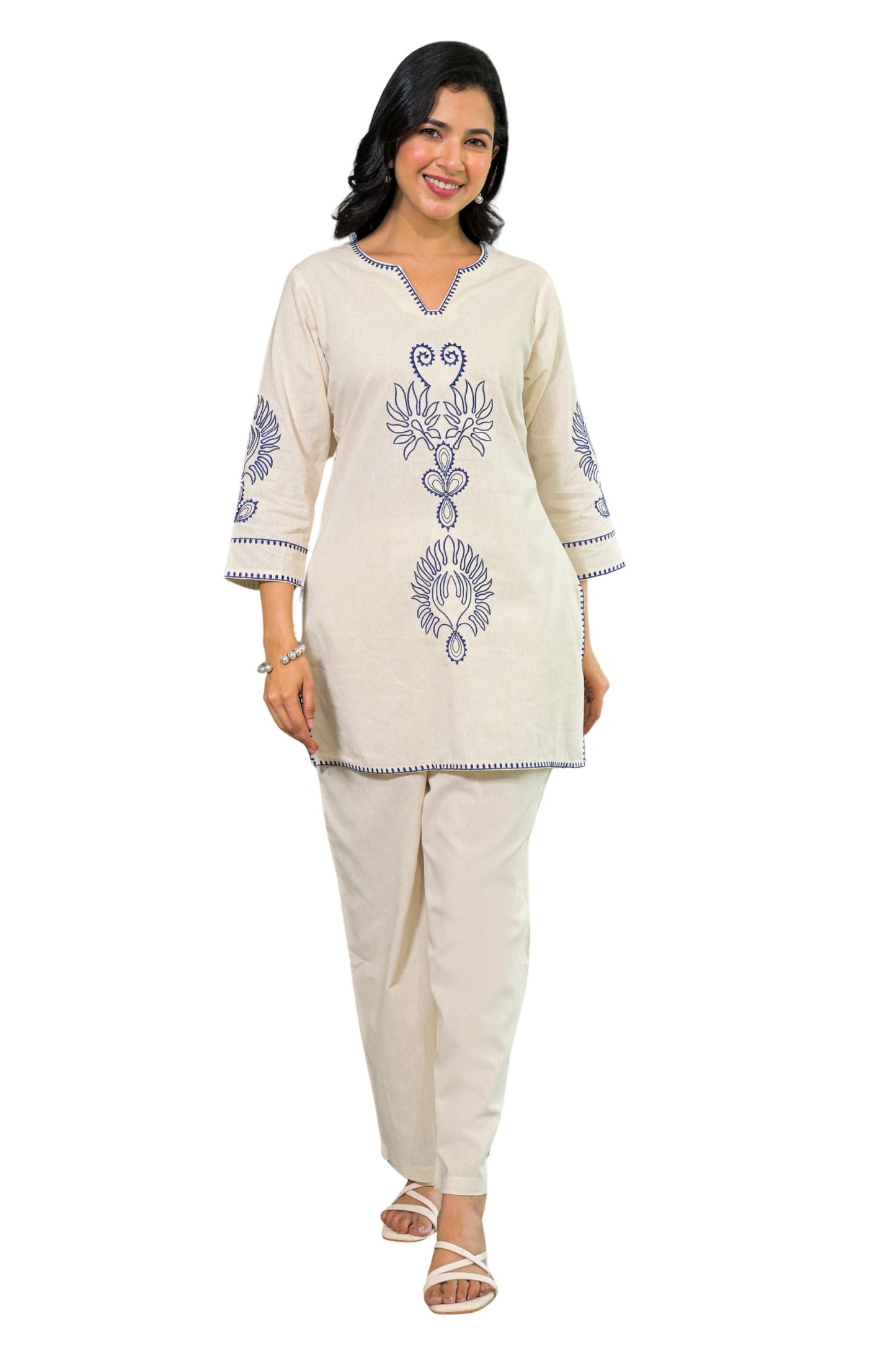 Women’s Cream Pure Cotton Embroidered Co-ord Set – Stylish Ethnic and Casual Wear Outfit