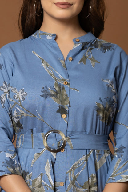 Navy Blue Floral Fit & Flare Midi Dress with Belt