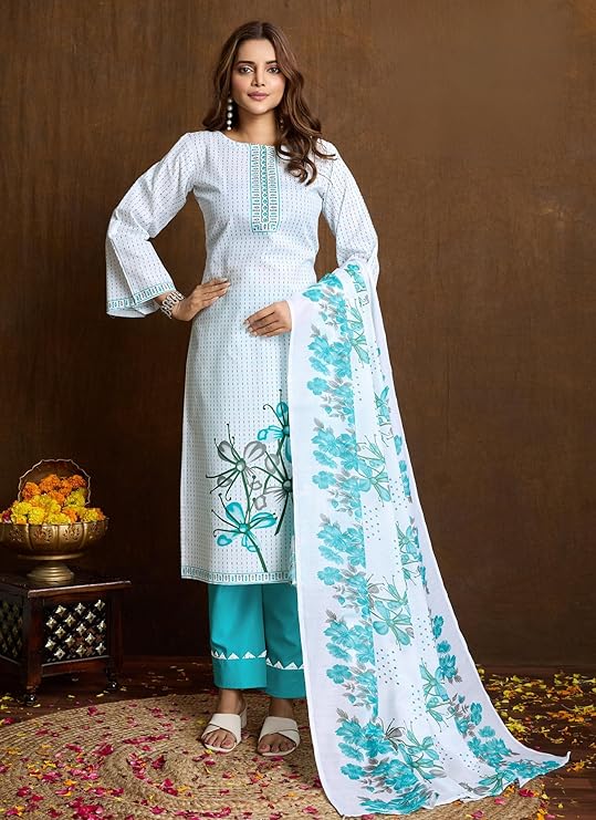 Noor Jahan White Blue Unstitched Salwar Suit Material