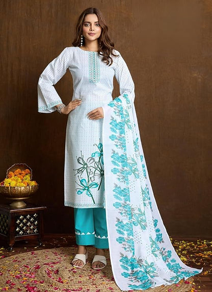 Noor Jahan White Blue Unstitched Salwar Suit Material