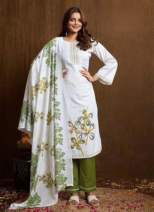 Noor Jahan White Green Unstitched Salwar Suit Material