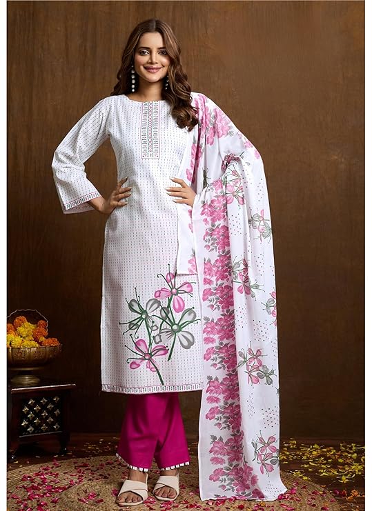Noor Jahan White Pink Unstitched Salwar Suit Material
