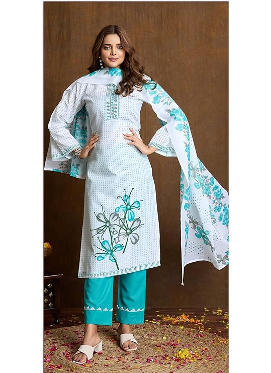 Noor Jahan White Blue Unstitched Salwar Suit Material
