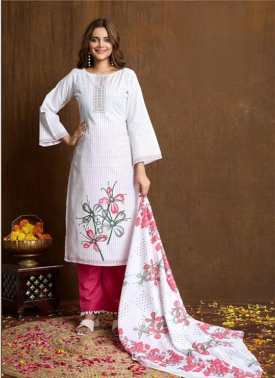 Noor Jahan White Peach Unstitched Salwar Suit Material