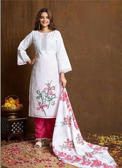Noor Jahan White Peach Unstitched Salwar Suit Material