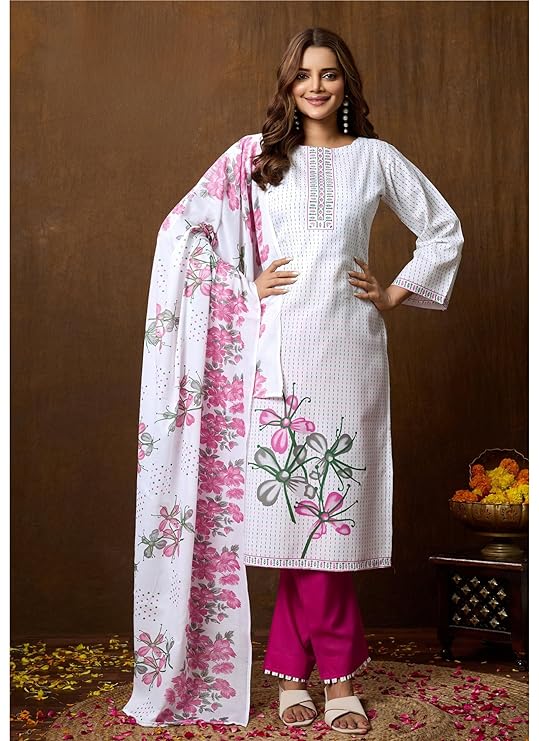 Noor Jahan White Pink Unstitched Salwar Suit Material